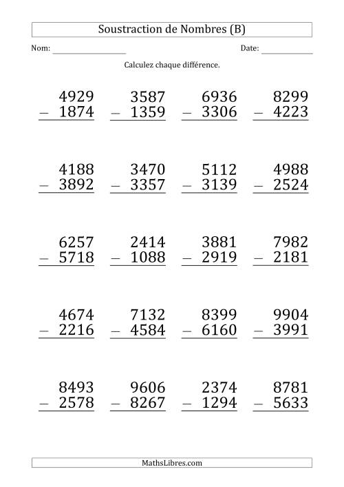 Soustraction d'un Nombre à 4 Chiffres par un Nombre à 4 Chiffres (Gros Caractère) (B)