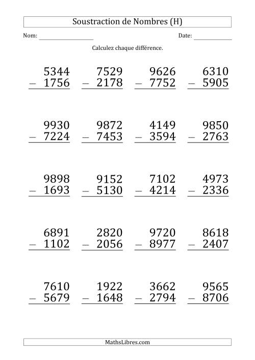 Soustraction d'un Nombre à 4 Chiffres par un Nombre à 4 Chiffres (Gros Caractère) (H)