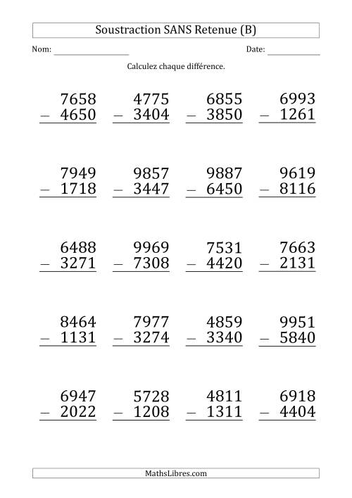 Soustraction d'un Nombre à 4 Chiffres par un Nombre à 4 Chiffres SANS retenue (Gros Caractère) (B)