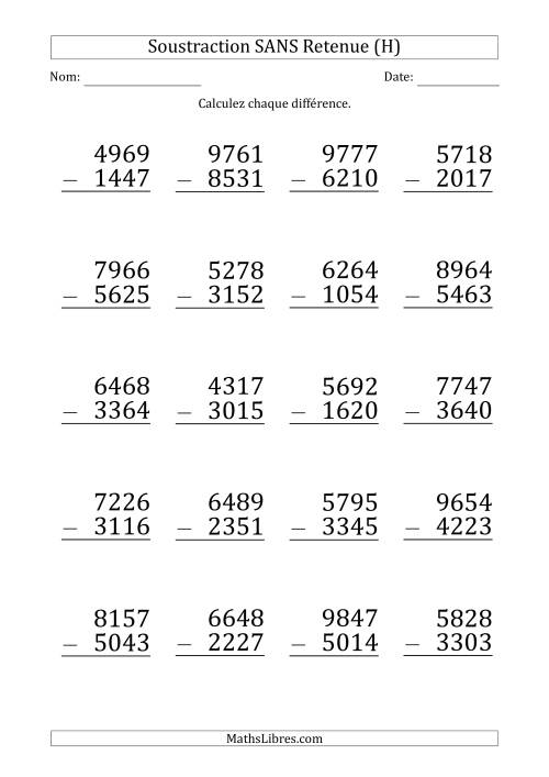 Soustraction d'un Nombre à 4 Chiffres par un Nombre à 4 Chiffres SANS retenue (Gros Caractère) (H)