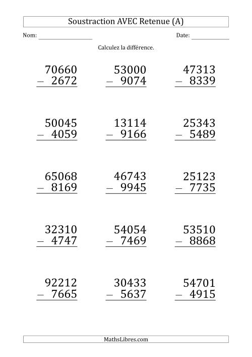 Soustraction d'un Nombres à 5 Chiffres par un Nombre à 4 Chiffres AVEC retenue (Gros Caractère) (A)