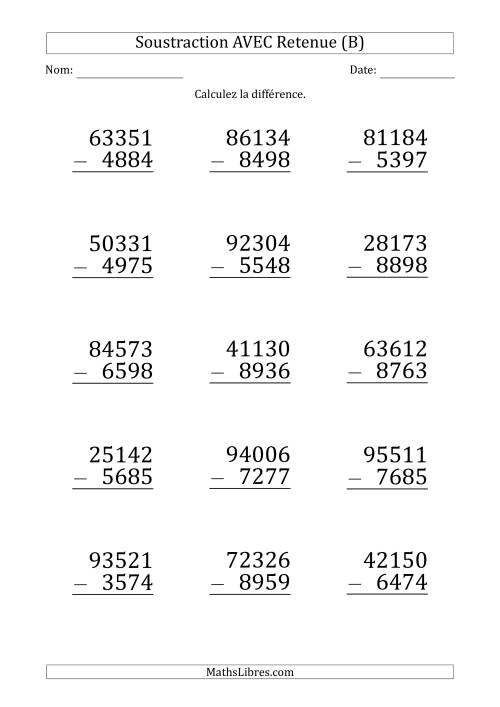 Soustraction d'un Nombres à 5 Chiffres par un Nombre à 4 Chiffres AVEC retenue (Gros Caractère) (B)