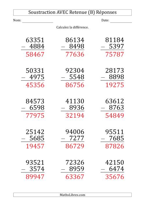 Soustraction d'un Nombres à 5 Chiffres par un Nombre à 4 Chiffres AVEC retenue (Gros Caractère) (B) page 2