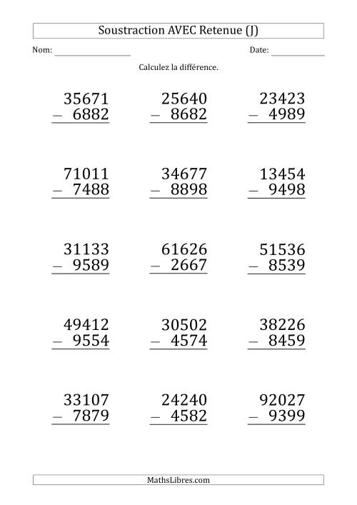 Soustraction d'un Nombres à 5 Chiffres par un Nombre à 4 Chiffres AVEC retenue (Gros Caractère) (J)