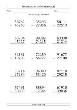 Soustraction d'un Nombre à 5 Chiffres par un Nombre à 5 Chiffres (Gros Caractère)