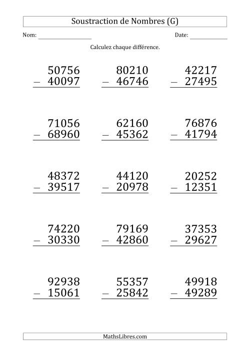 Soustraction d'un Nombre à 5 Chiffres par un Nombre à 5 Chiffres (Gros Caractère) (G)