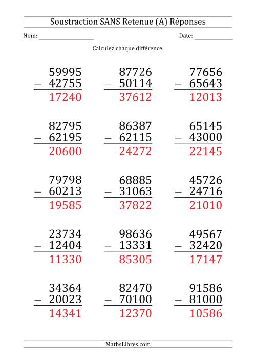 Soustraction d'un Nombre à 5 Chiffres par un Nombre à 5 Chiffres SANS retenue (Gros Caractère) (A) page 2