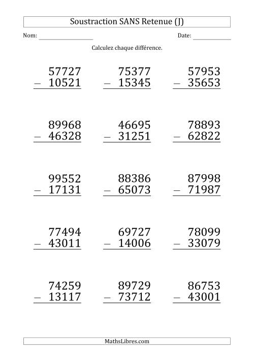 Soustraction d'un Nombre à 5 Chiffres par un Nombre à 5 Chiffres SANS retenue (Gros Caractère) (J)
