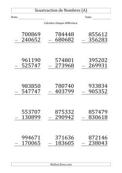 Soustraction d'un Nombre à 6 Chiffres par un Nombre à 6 Chiffres (Gros Caractère)