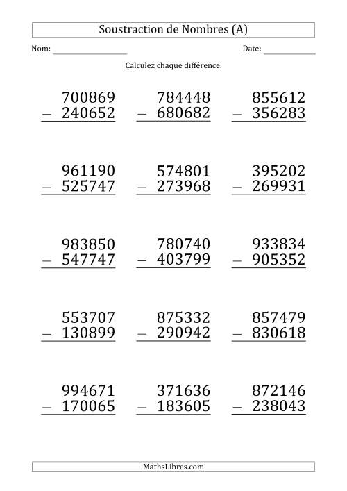 Soustraction d'un Nombre à 6 Chiffres par un Nombre à 6 Chiffres (Gros Caractère) (A)