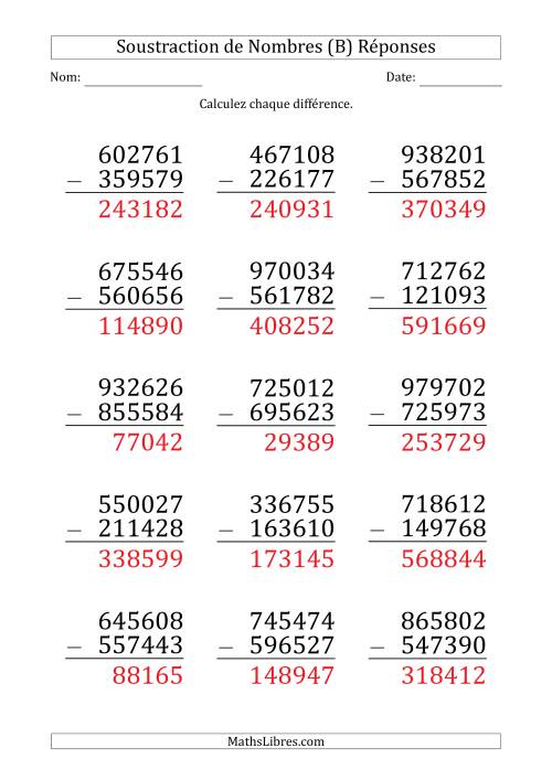 Soustraction d'un Nombre à 6 Chiffres par un Nombre à 6 Chiffres (Gros Caractère) (B) page 2