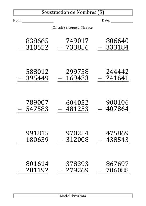 Soustraction d'un Nombre à 6 Chiffres par un Nombre à 6 Chiffres (Gros Caractère) (E)
