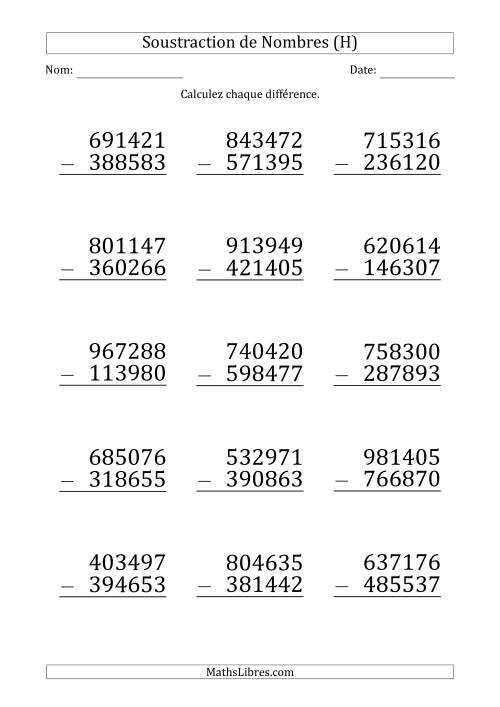 Soustraction d'un Nombre à 6 Chiffres par un Nombre à 6 Chiffres (Gros Caractère) (H)