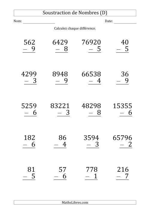 Soustraction de Divers Nombres par un Nombre à 1 Chiffre (Gros Caractère) (D)