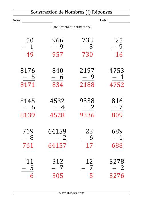 Soustraction de Divers Nombres par un Nombre à 1 Chiffre (Gros Caractère) (J) page 2