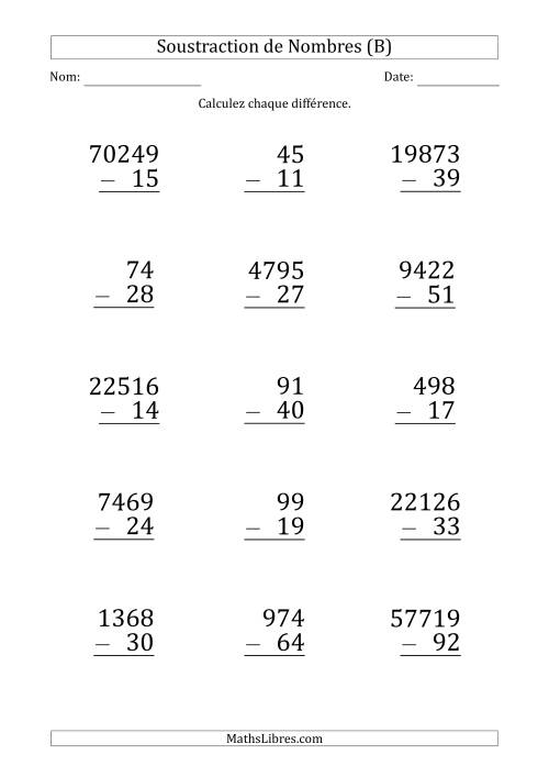 Soustraction de Divers Nombres par un Nombre à 2 Chiffres (Gros Caractère) (B)