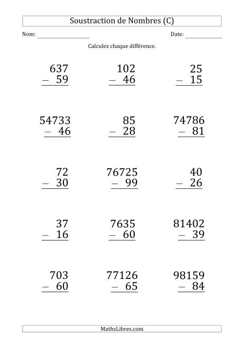Soustraction de Divers Nombres par un Nombre à 2 Chiffres (Gros Caractère) (C)