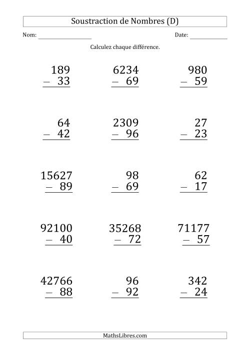 Soustraction de Divers Nombres par un Nombre à 2 Chiffres (Gros Caractère) (D)