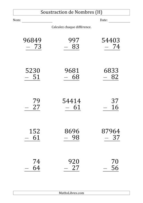 Soustraction de Divers Nombres par un Nombre à 2 Chiffres (Gros Caractère) (H)