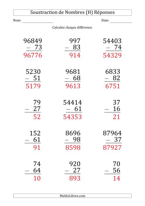Soustraction de Divers Nombres par un Nombre à 2 Chiffres (Gros Caractère) (H) page 2