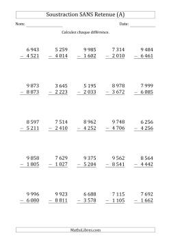 Soustraction d'un Nombre à 4 Chiffres par un Nombre à 4 Chiffres SANS retenue (Espace Comme Séparateur des Milliers)