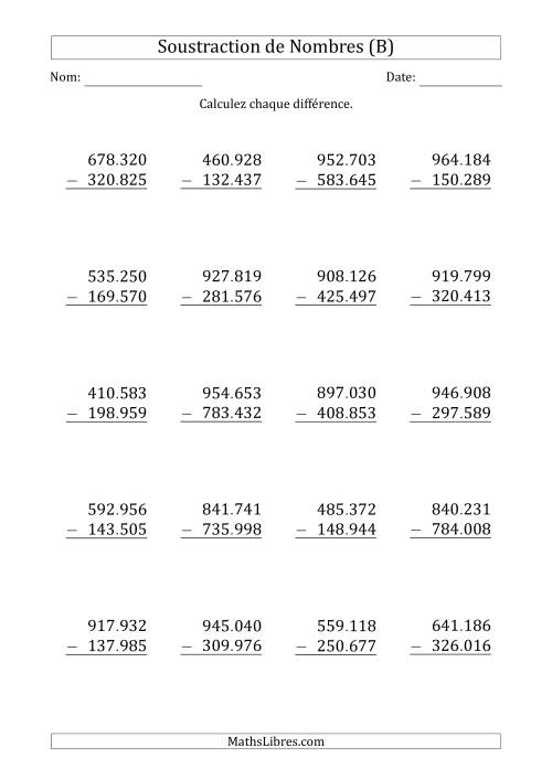 Soustraction d'un Nombre à 6 Chiffres par un Nombre à 6 Chiffres (Point Comme Séparateur des Milliers) (B)