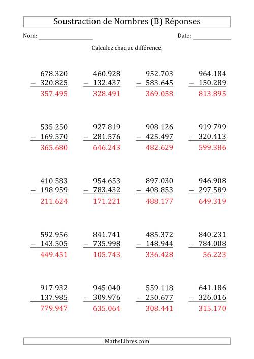 Soustraction d'un Nombre à 6 Chiffres par un Nombre à 6 Chiffres (Point Comme Séparateur des Milliers) (B) page 2