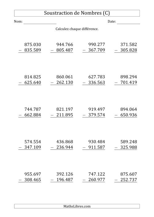 Soustraction d'un Nombre à 6 Chiffres par un Nombre à 6 Chiffres (Point Comme Séparateur des Milliers) (C)