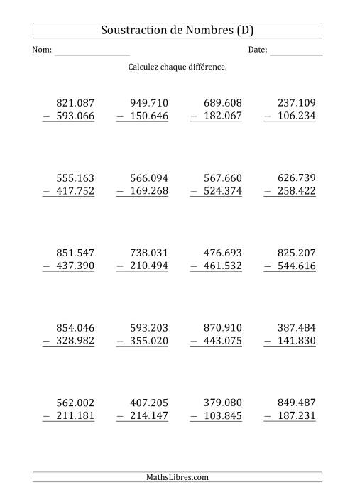 Soustraction d'un Nombre à 6 Chiffres par un Nombre à 6 Chiffres (Point Comme Séparateur des Milliers) (D)