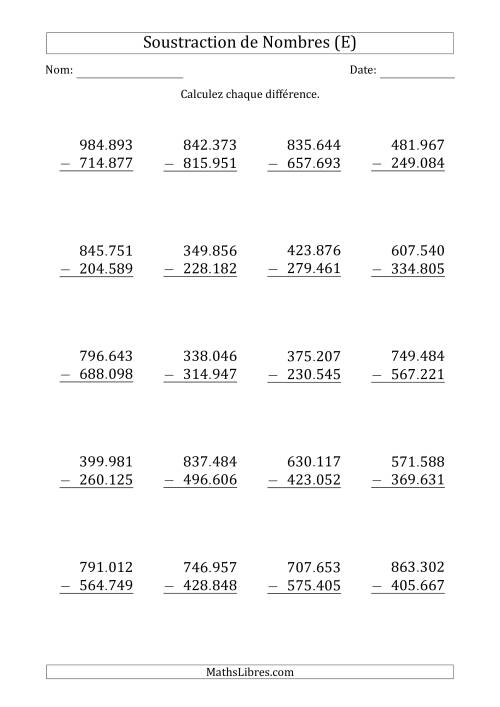 Soustraction d'un Nombre à 6 Chiffres par un Nombre à 6 Chiffres (Point Comme Séparateur des Milliers) (E)