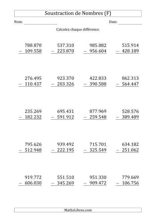 Soustraction d'un Nombre à 6 Chiffres par un Nombre à 6 Chiffres (Point Comme Séparateur des Milliers) (F)