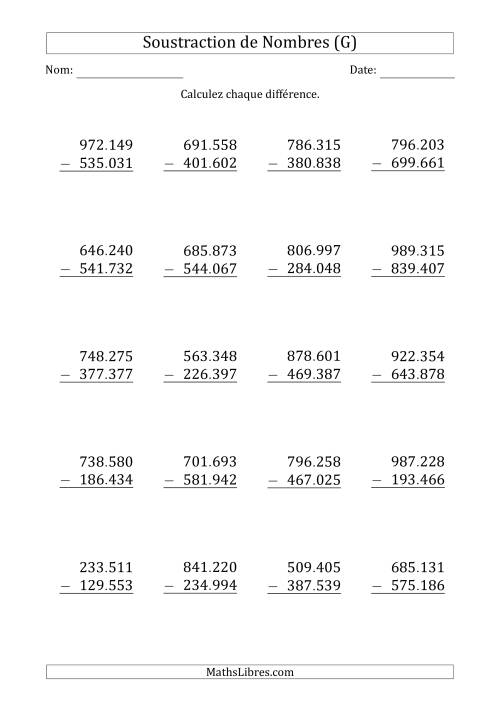 Soustraction d'un Nombre à 6 Chiffres par un Nombre à 6 Chiffres (Point Comme Séparateur des Milliers) (G)