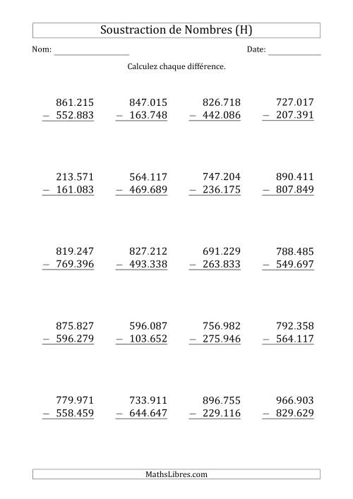 Soustraction d'un Nombre à 6 Chiffres par un Nombre à 6 Chiffres (Point Comme Séparateur des Milliers) (H)