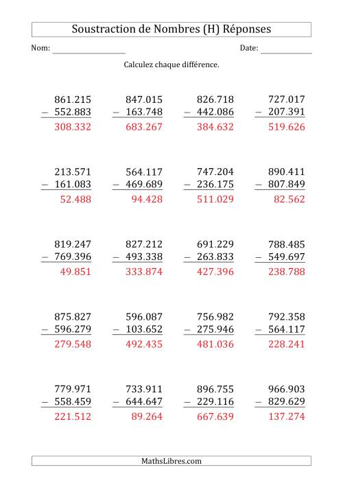 Soustraction d'un Nombre à 6 Chiffres par un Nombre à 6 Chiffres (Point Comme Séparateur des Milliers) (H) page 2