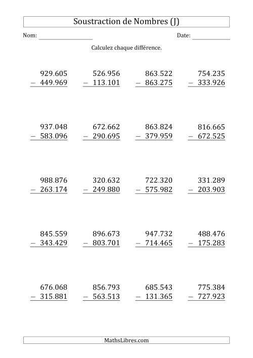 Soustraction d'un Nombre à 6 Chiffres par un Nombre à 6 Chiffres (Point Comme Séparateur des Milliers) (J)