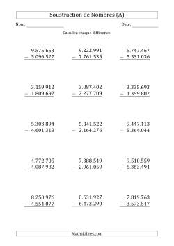 Soustraction d'un Nombre à 7 Chiffres par un Nombre à 7 Chiffres (Point Comme Séparateur des Milliers)