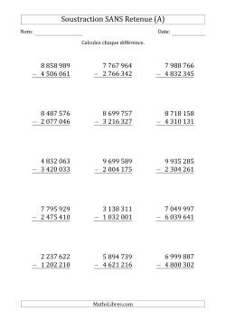 Soustraction d'un Nombre à 7 Chiffres par un Nombre à 7 Chiffres SANS retenue (Espace Comme Séparateur des Milliers)
