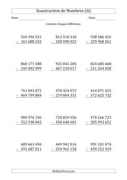 Soustraction d'un Nombre à 9 Chiffres par un Nombre à 9 Chiffres (Espace Comme Séparateur des Milliers)