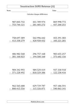 Soustraction d'un Nombre à 9 Chiffres par un Nombre à 9 Chiffres SANS retenue (Point Comme Séparateur des Milliers)