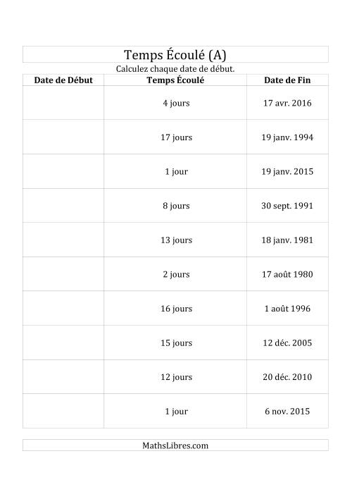 Calculez la Date de Début à l'Aide du Temps Écoulé et la Date de Fin en Jours (A)