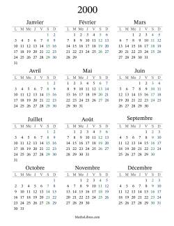 Calendrier de l'Année 2000 avec lundi comme premier jour