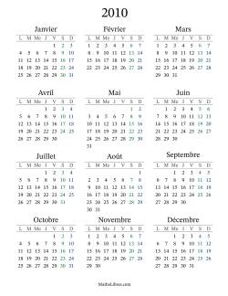 Calendrier de l'Année 2010 avec lundi comme premier jour