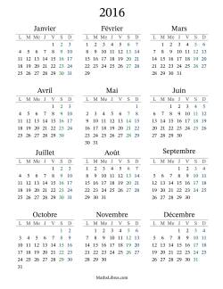 Calendrier de l'Année 2016 avec lundi comme premier jour