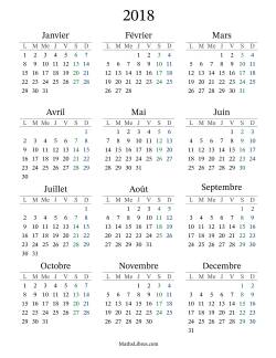 Calendrier de l'Année 2018 avec lundi comme premier jour