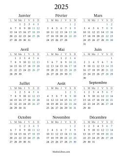 Calendrier de l'Année 2025 avec lundi comme premier jour