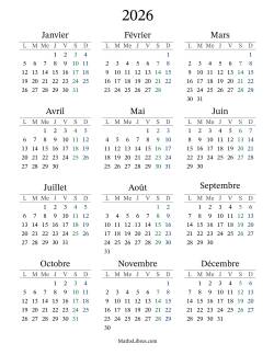 Calendrier de l'Année 2026 avec lundi comme premier jour