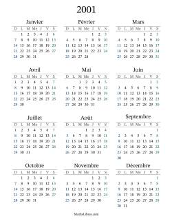 Calendrier de l'Année 2001 avec dimanche comme premier jour