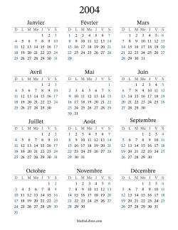 Calendrier de l'Année 2004 avec dimanche comme premier jour