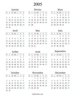 Calendrier de l'Année 2005 avec dimanche comme premier jour