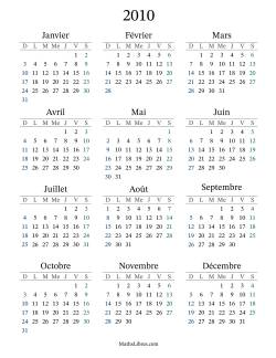 Calendrier de l'Année 2010 avec dimanche comme premier jour